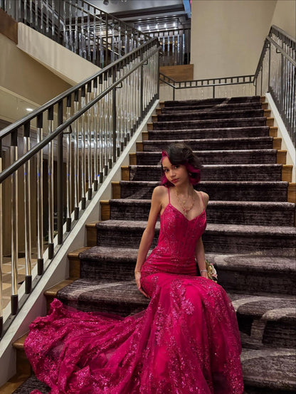 Hot Pink Mermaid Spaghetti Strap Sequin Tulle Prom Dress Evening Dress SH4727