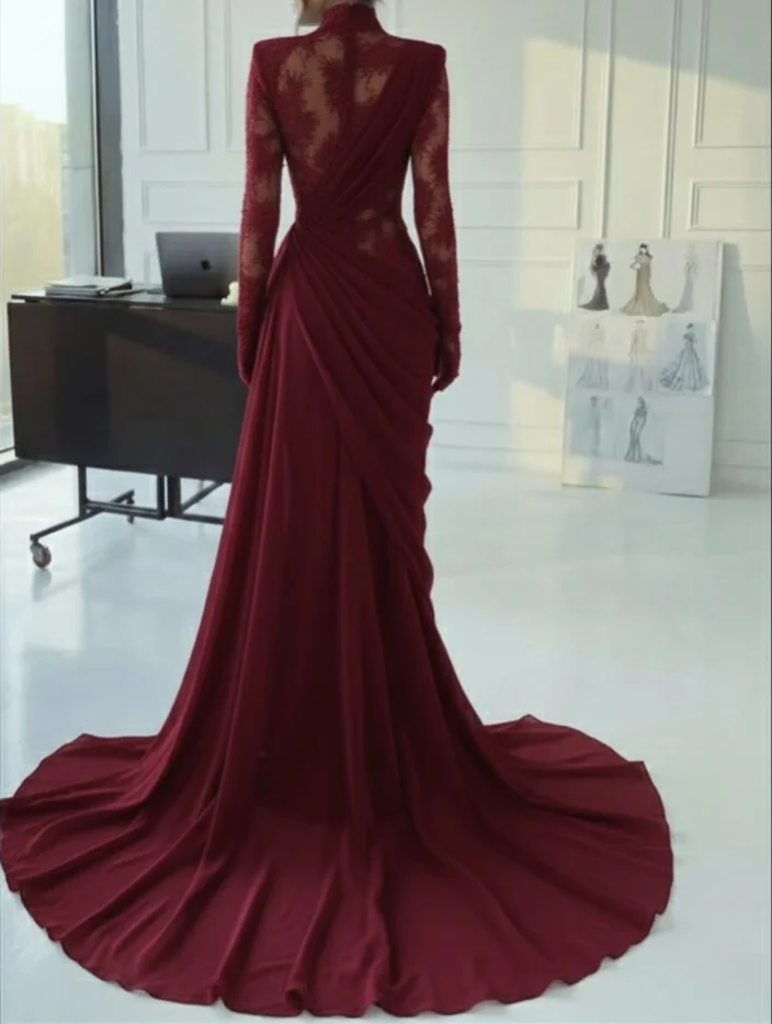 Glamorous Lace Burgundy High Neck Long Sleeves Evening Dress With Appliques