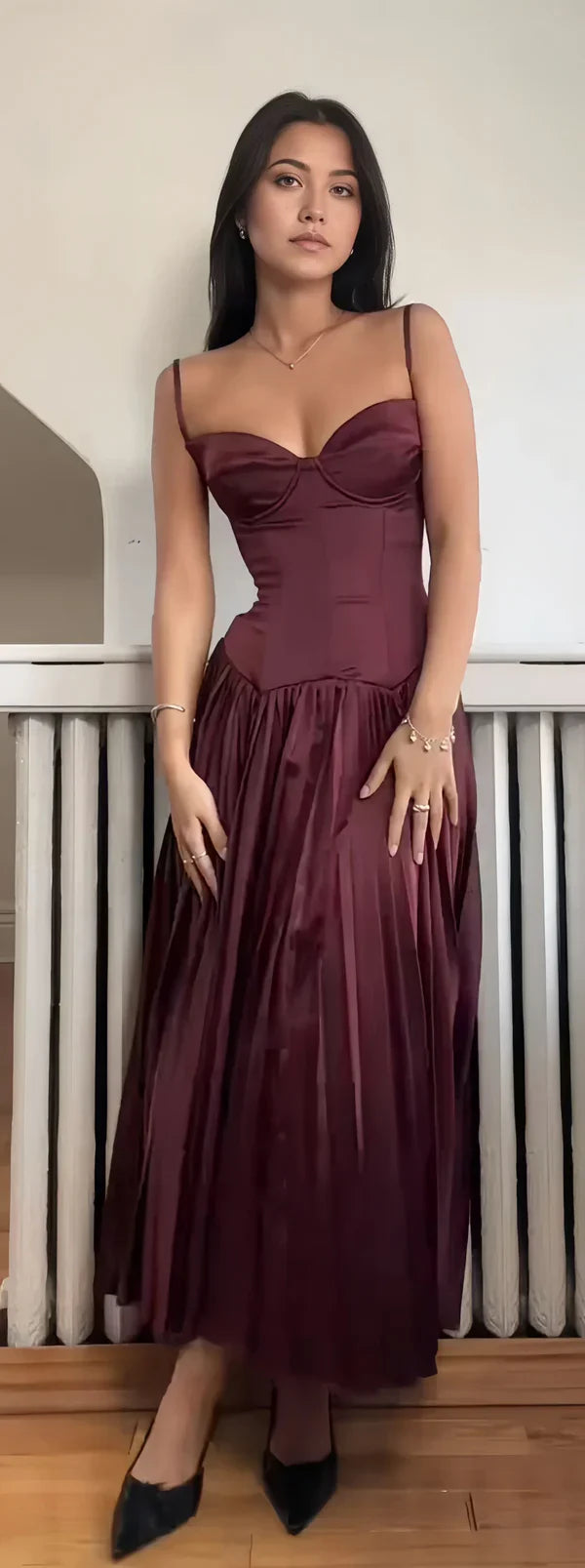 Stunning A Line Spaghetti Strap Pleated Dark Burgundy Satin Long Party Dress SH2921