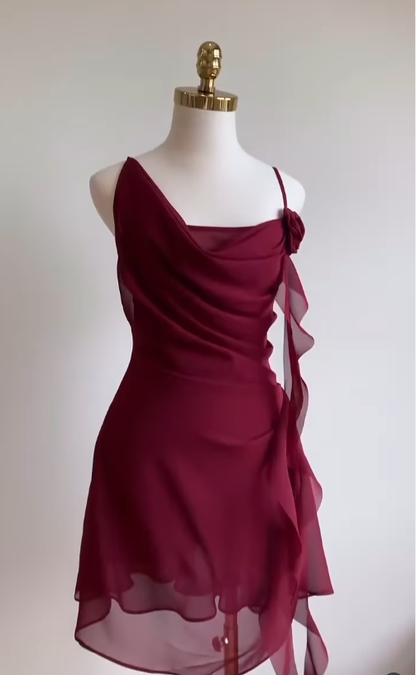 Burgundy A Line Spaghetti Strap Floral Chiffon Short Party Dress Homecoming Dress Outfits SH3601