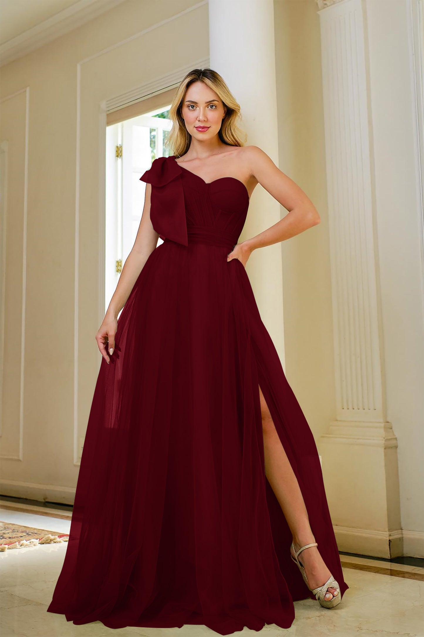 Sage Green One Shoulder Sweetheart Tulle Prom Dress With Slit