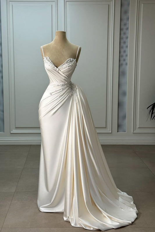 Sleeveless Spaghetti Straps V-Neck Pleated Prom Dress With Pearls