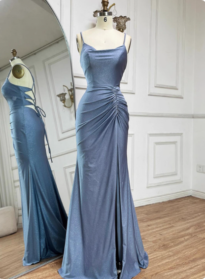 Elegant Slate Blue Spaghetti Strap Mermaid Ruched Slit Satin Long Prom Dress Evening Dress P4515