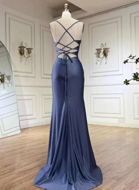 Elegant Slate Blue Spaghetti Strap Mermaid Ruched Slit Satin Long Prom Dress Evening Dress P4515