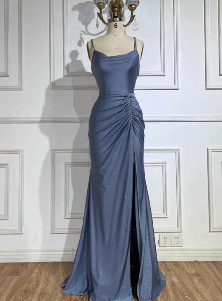 Elegant Slate Blue Spaghetti Strap Mermaid Ruched Slit Satin Long Prom Dress Evening Dress P4515