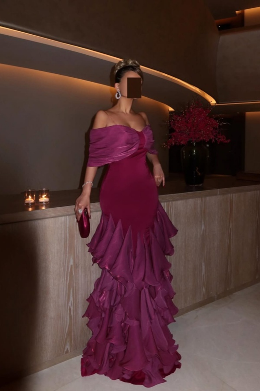 Glamorous Orchid Off the Shoulder Ruffles Evening Dress with Pleated
