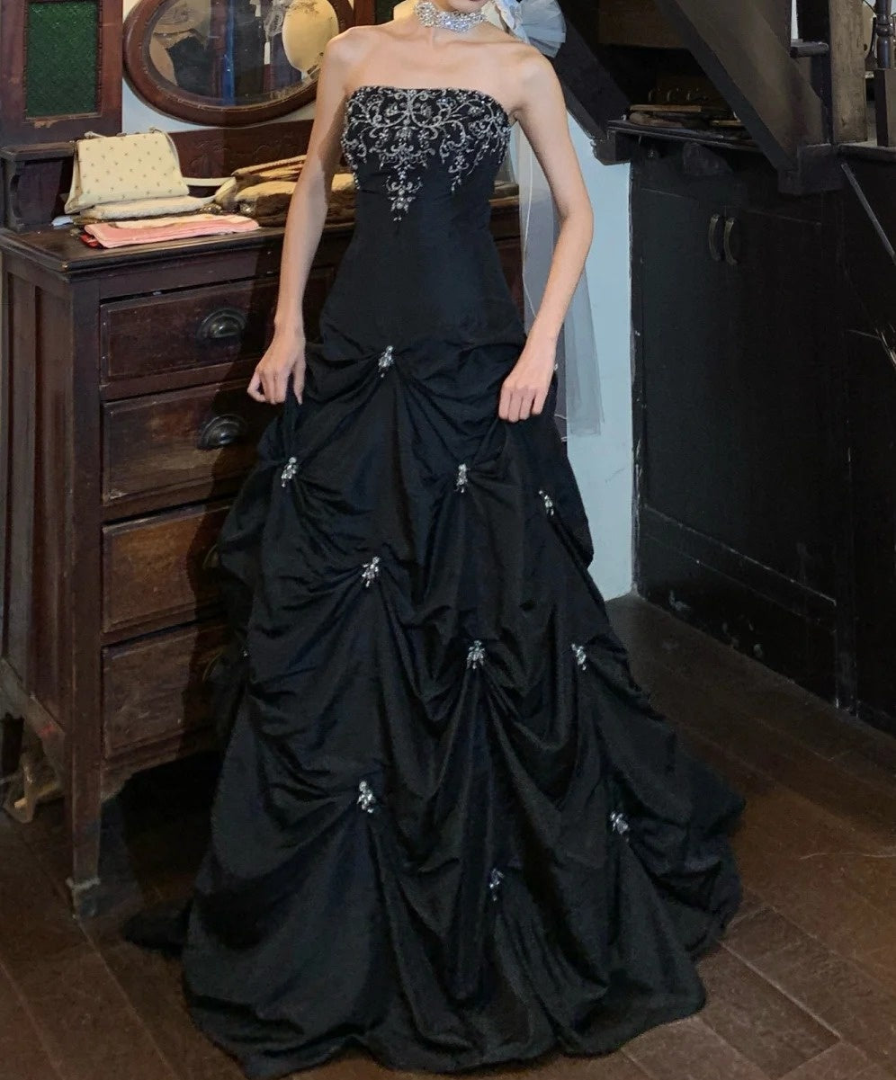 Chic Prom Dress Black Strapless Pleated Gala Gown Evening Dress Graduation Dress     D5164