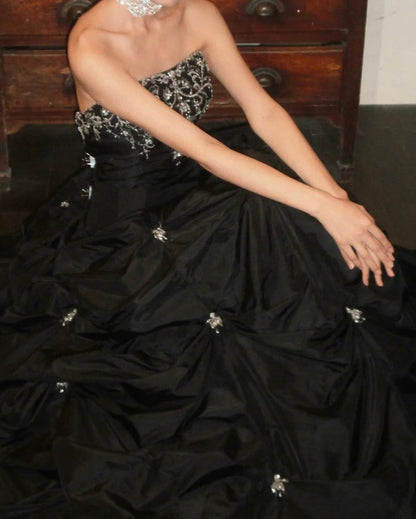 Chic Prom Dress Black Strapless Pleated Gala Gown Evening Dress Graduation Dress     D5164