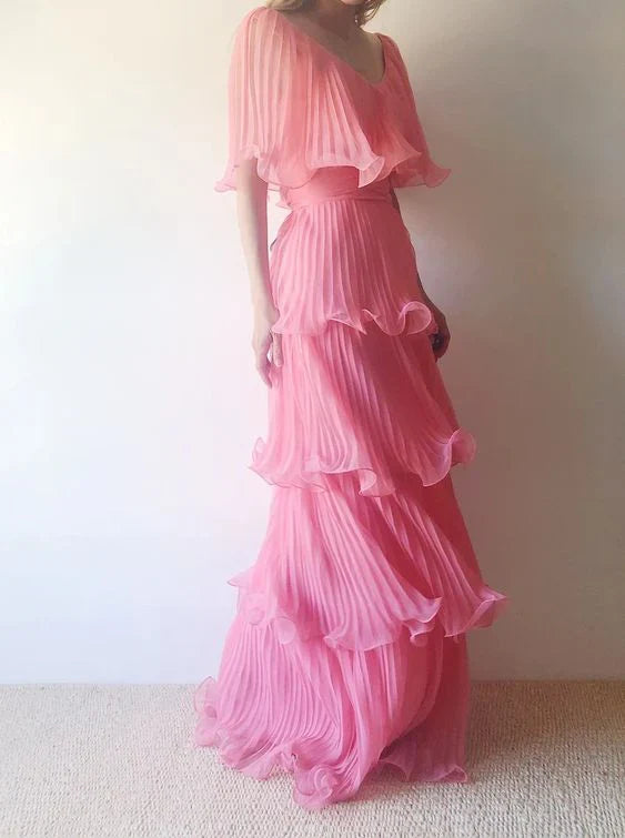 Pink Layered Chiffon A Line V Neck Simple Long Party Dress Evening Dress 18 Birthday Dress SH3624