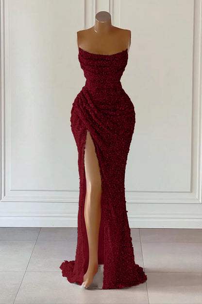 Gorgeous Strapless Mermaid Sequins Evening Dress With Slit