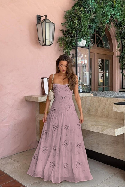 Spaghetti Strap Sleeveless Long Evening Dress With Pleated Appliques