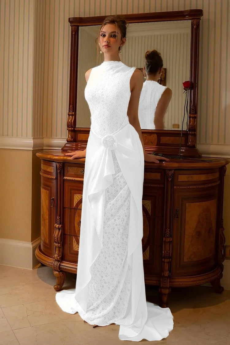 High Neck Sleeveless Mermaid Evening Dress With Lace Embroidery