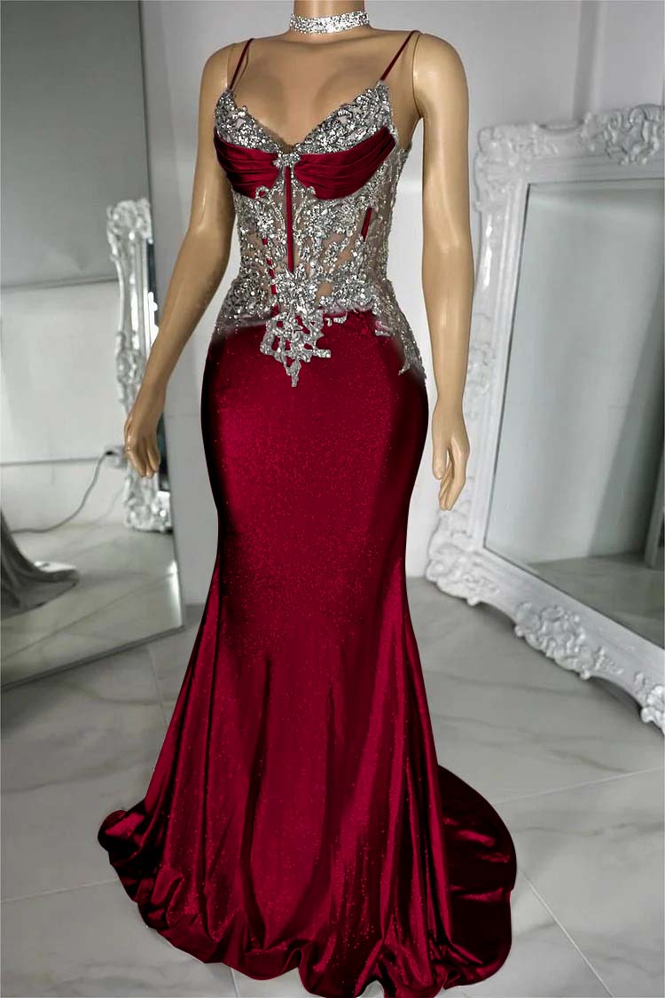 Spaghetti Strap Sleeveless V-Neck Mermaid Long Prom Dress With Sequins