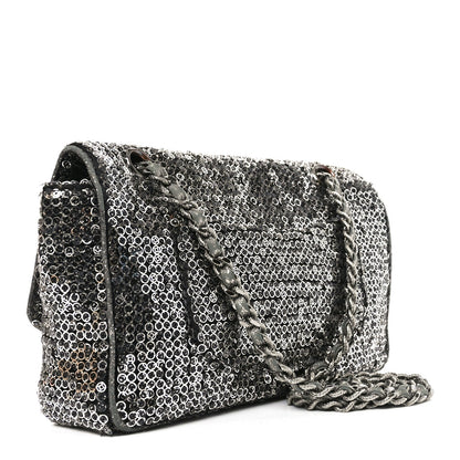 Sequin Medium Single Flap Dark Silver