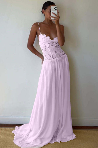 Lace And Chiffon V-Neck Spaghetti Straps Long A-Line Evening Dress With Pleated