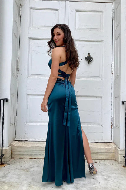 Pretty Mermaid V-neck Navy Blue Criss-cross Back Long Dress Graduation Dress DP533