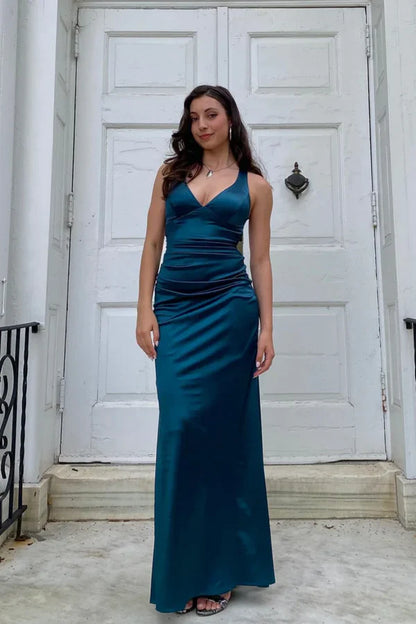Pretty Mermaid V-neck Navy Blue Criss-cross Back Long Dress Graduation Dress DP533