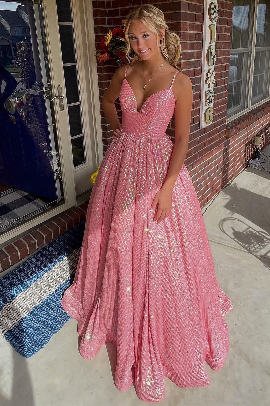 A Line V-Neck Prom Dress  Spaghetti-Straps Sparkle With Appliques
