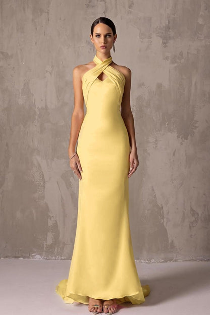 Elegant Blushing Pink Satin Halter Sleeveless Long Prom Dress with Pleated