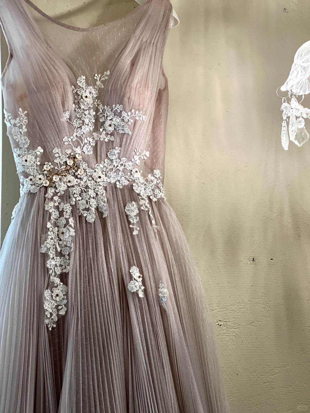 Dusty Rose Quartz A Line Round Neck White Appliques Tulle Long Party Dress Prom Dress Formal Dress SH3854