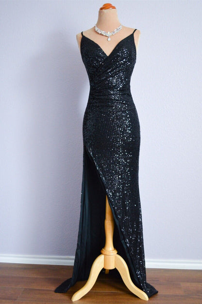 Black Sequin V-Neck Sleeveless Prom Party Dress With Slit