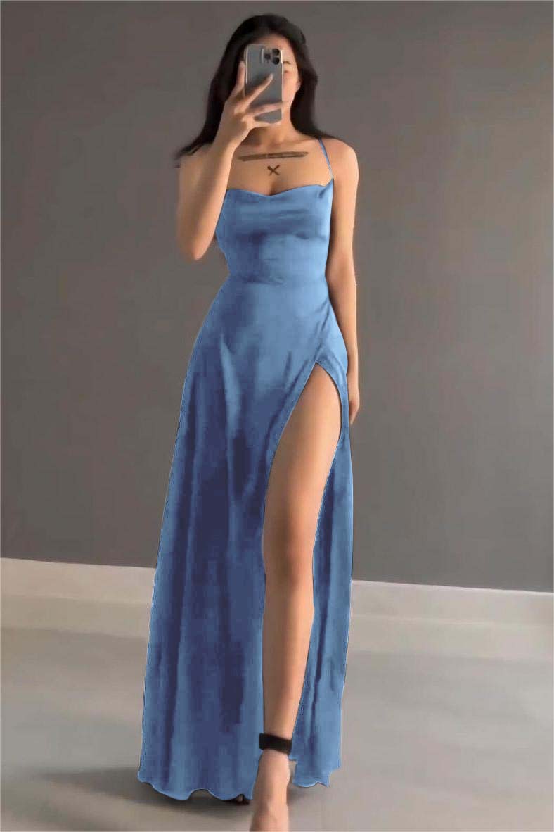 Simple Black Satin Spaghetti Strap Sleeveless Long Prom Dress with Split