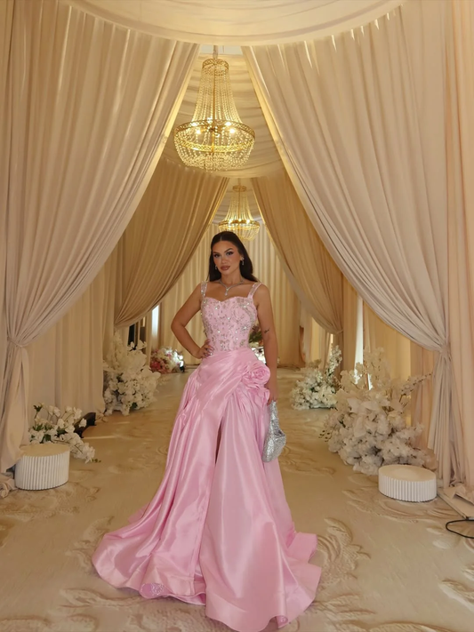 Elegant Pink Sleeveless Wide Straps A Line Beading Embroidery Prom Dress