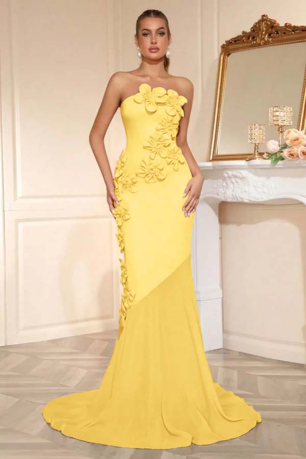 Elegant Sleeveless Satin Square Strapless Mermaid Prom Dress With Handmade Flower