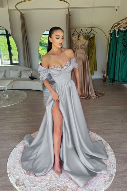 Elegant Fuchsia Off-The-Shoulder Beaded Sweetheart Prom Dress With Split