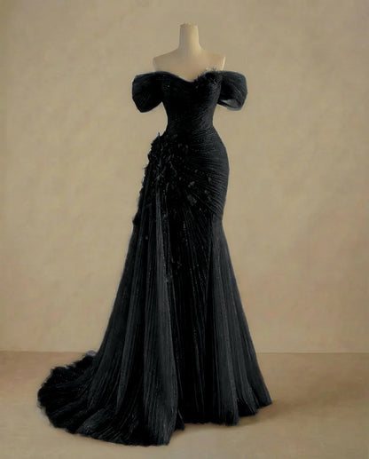 Dreamy Sky Blue Off-The-Shoulder Pleated Sequins Evening Dress With Side Train