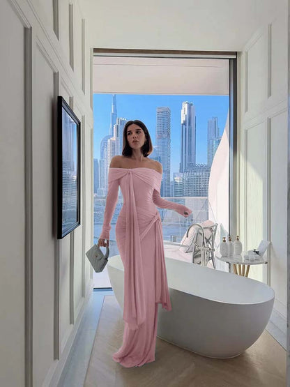 Chic Sky Blue Off-The-Shoulder Long Sleeves Pleated Chiffon Evening Dress