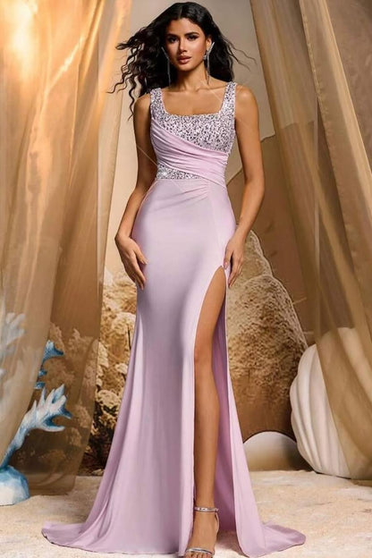 Charming Lilac Satin Sleeveless Wide Shoulder Straps Long Split Prom Dress with Sequins