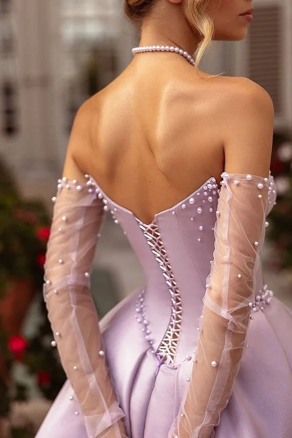 Purple Sleeveless Strapless Sweetheart A-Line Beadeds Prom Dress