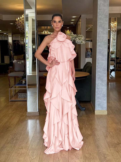 Dreamy Pink Halter Backless Sleeveless Ruffles Handmade Flower Evening Dress