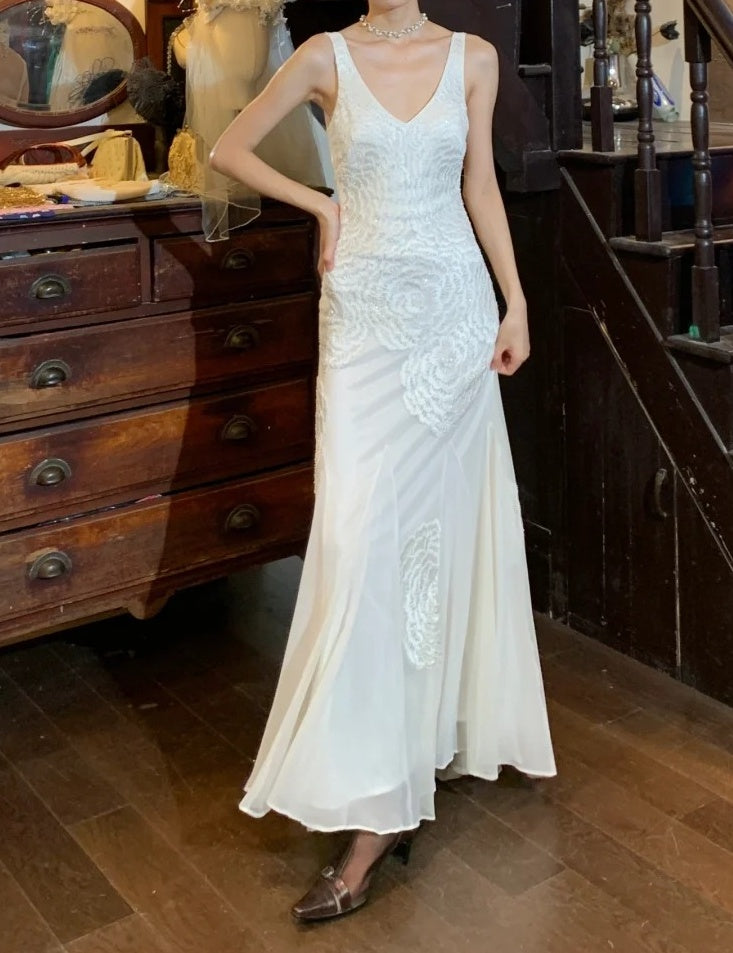 Elegant 90s Wedding Dress White V-neck Wedding Dress Party Dress  D5220