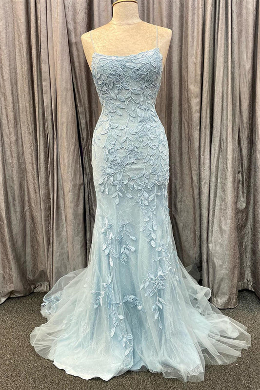 Tulle Mermaid Prom Dress Spaghetti-Straps Open Back With Appliques