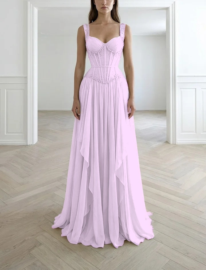 Graceful Sleeveless Wide Straps Beaded Ruffles Long Evening Dress