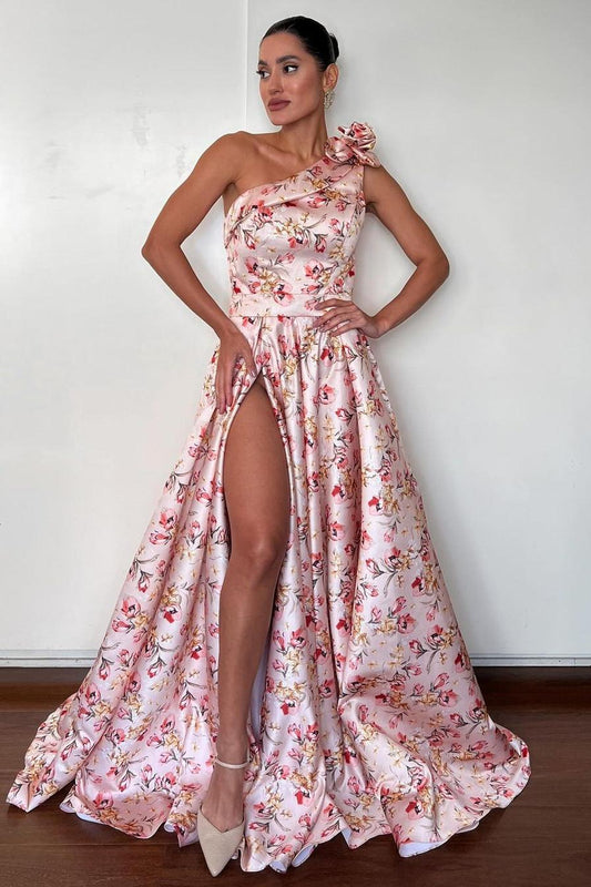 Glamorous Satin Print Sleeveless One Shoulder Split Prom Dress with Flowers