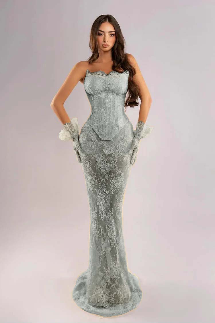 Strapless Sleeveless Long Mermaid Evening Dress With Lace Embroidery Gloves