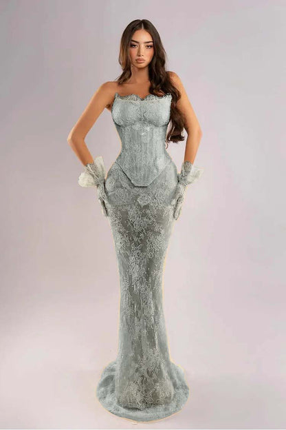 Strapless Sleeveless Long Mermaid Evening Dress With Lace Embroidery Gloves