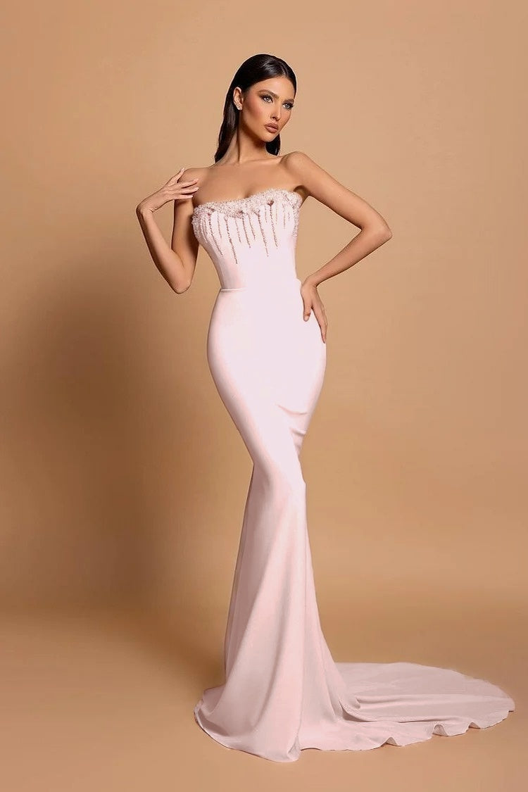 Strapless Pink Sleeveless Long Mermaid Beading Evening Dress
