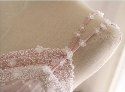Light Pink A Line Beaded Appliques Tulle Prom Dress Evening Dress SH1625