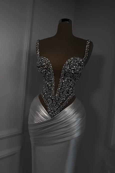 Charming White Satin Spaghetti Strap Sleeveless Pleated Prom Dress with Beadings