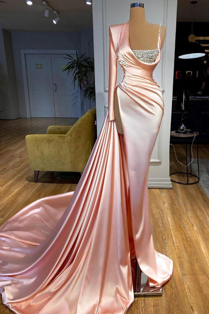 Stunning Pink Satin One Shoulder Long Sleeves Pleated Prom Dress with Beadings