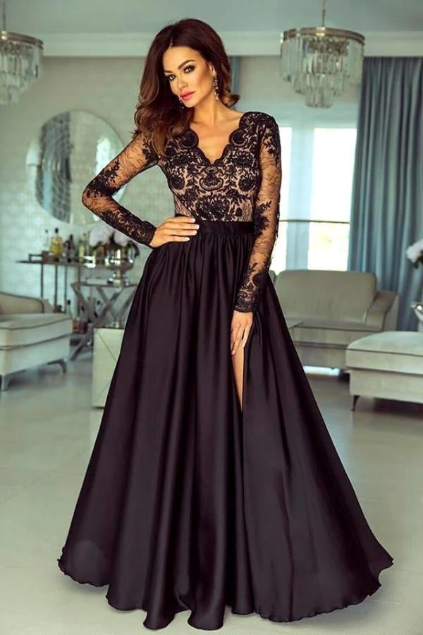 Long Sleeves Slit Black Prom Dress