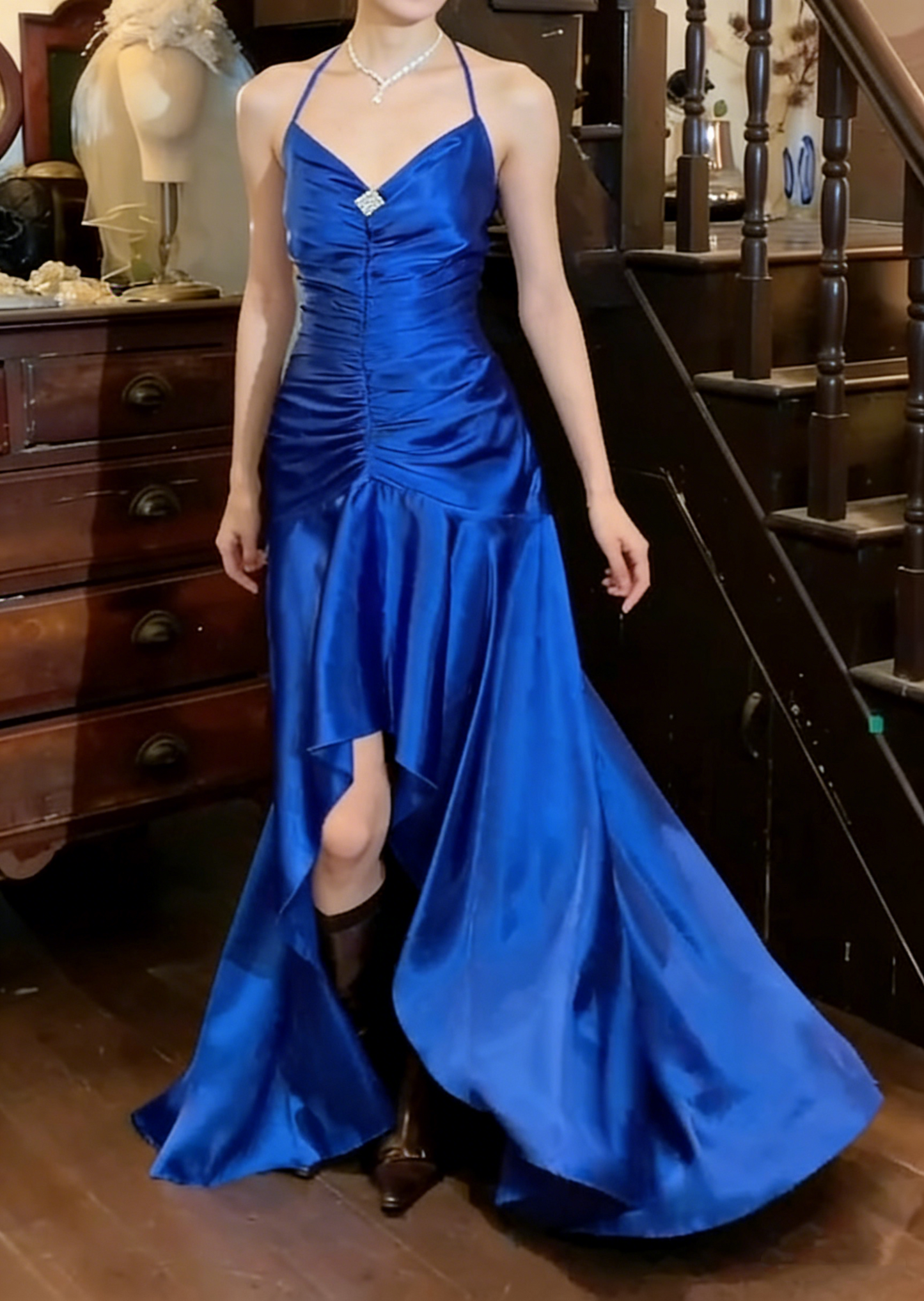 90s Prom Dress Satin Royal Blue Halter Pleated Mermaid Gala Gown Evening Dress  D5295