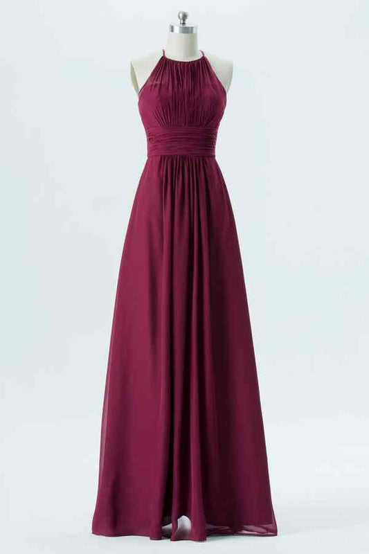 Mulberry A-line Halter Cut-Out Back Chiffon Long Bridesmaid Dress