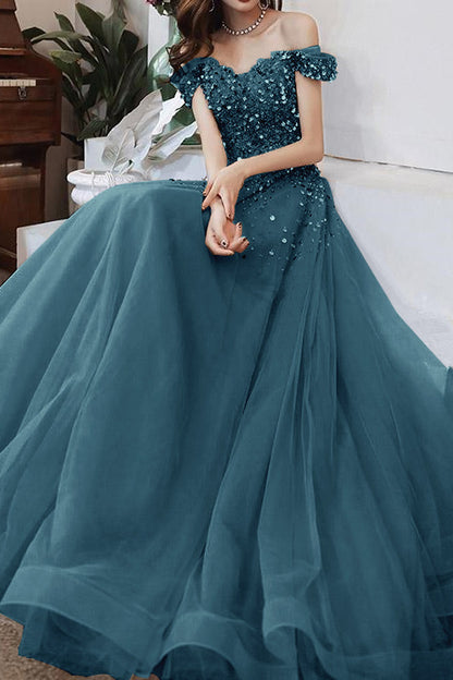 Champagne Long Evening Dress Off-The-Shoulder Sweetheart Sequins
