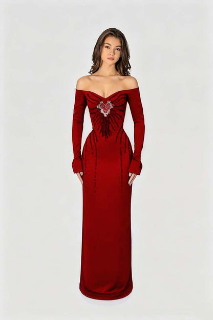 Enchanting Black Velvet Long Sleeves Strapless Evening Dress with Rhinestone