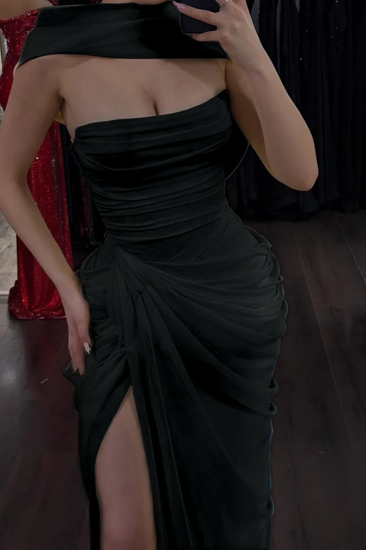Elegant Yellow Sleeveless Strapless Split Long Evening Dress With Scarf